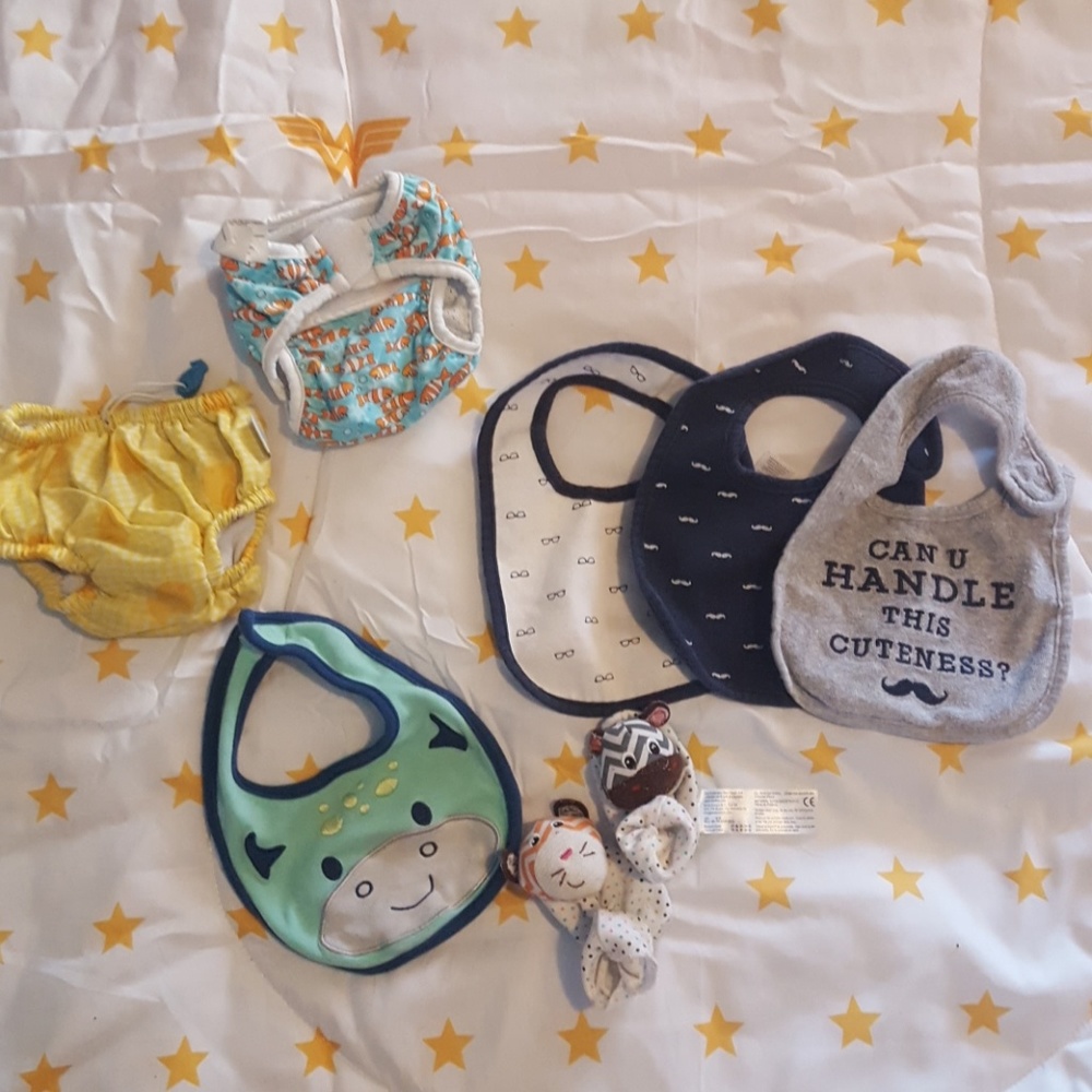 Baby accessory lot (swimsuit, bibs, rattle shoes)